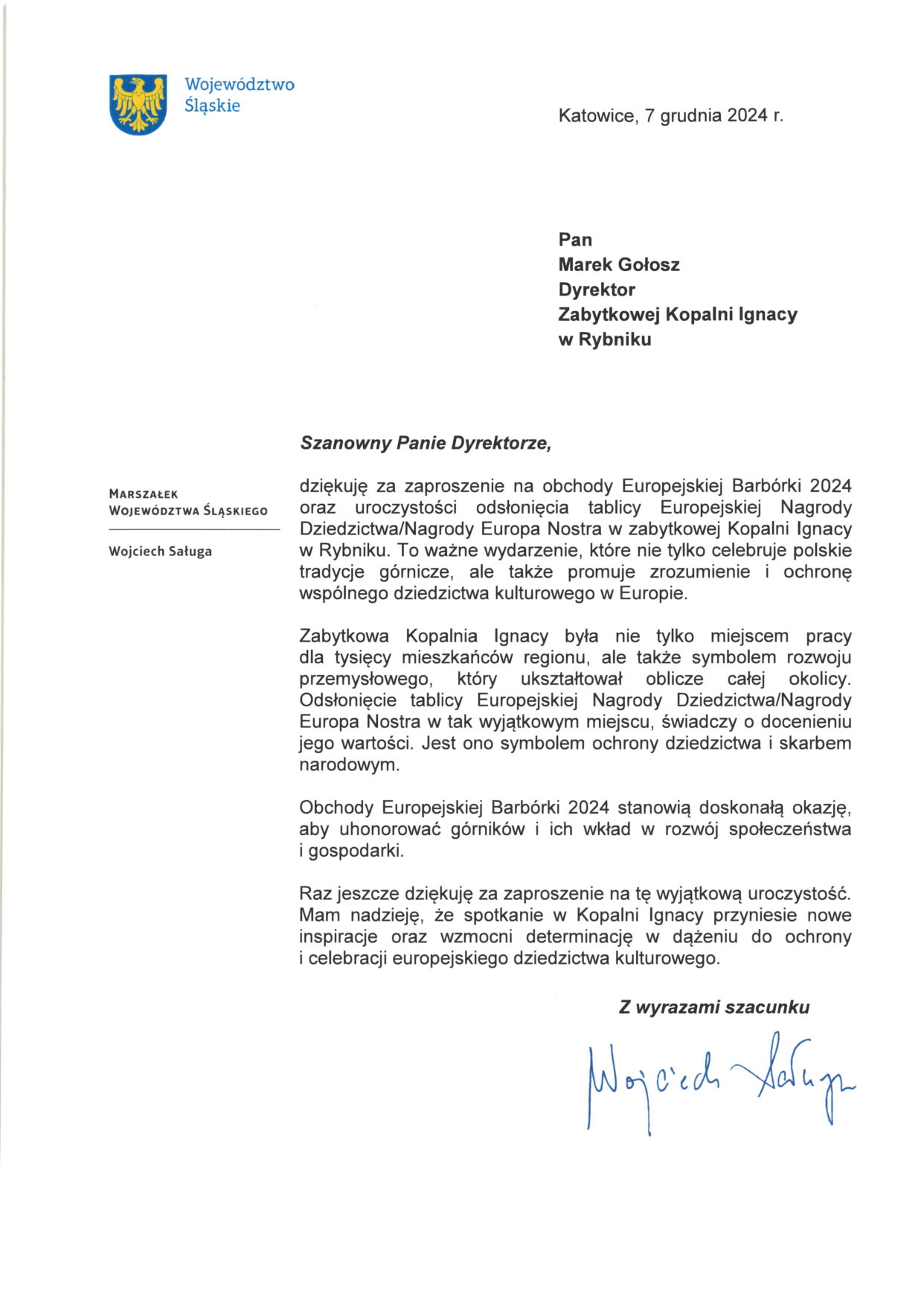 List Gratulacyjny - Województwo Śląskie