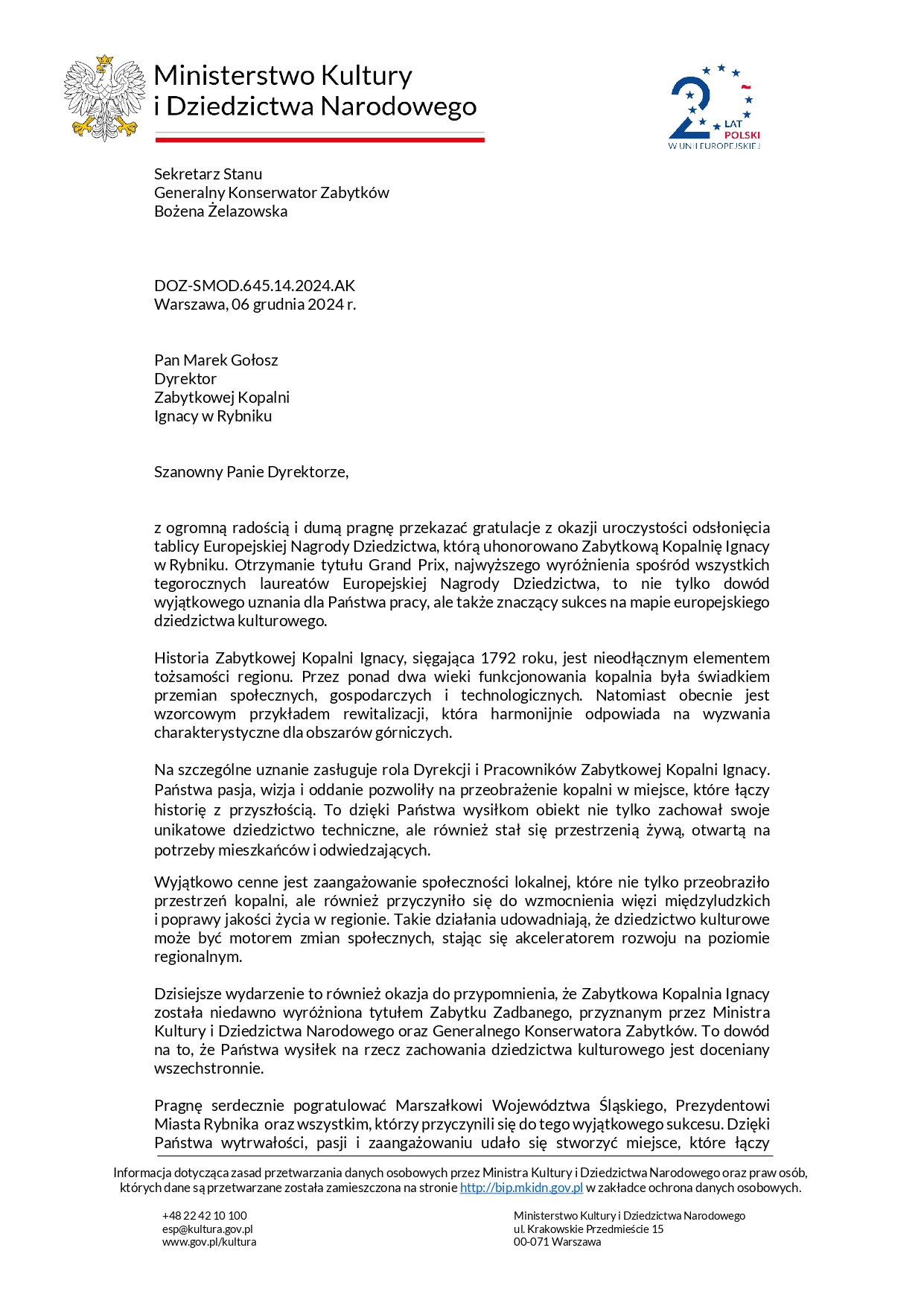 List Gratulacyjny - Ministerstwo Kultury i Dziedzictwa Narodowego