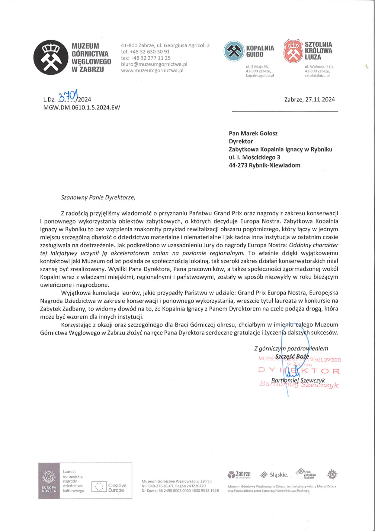 List Gratulacyjny - Muzeum Górnictwa Węglowego w Zabrzu