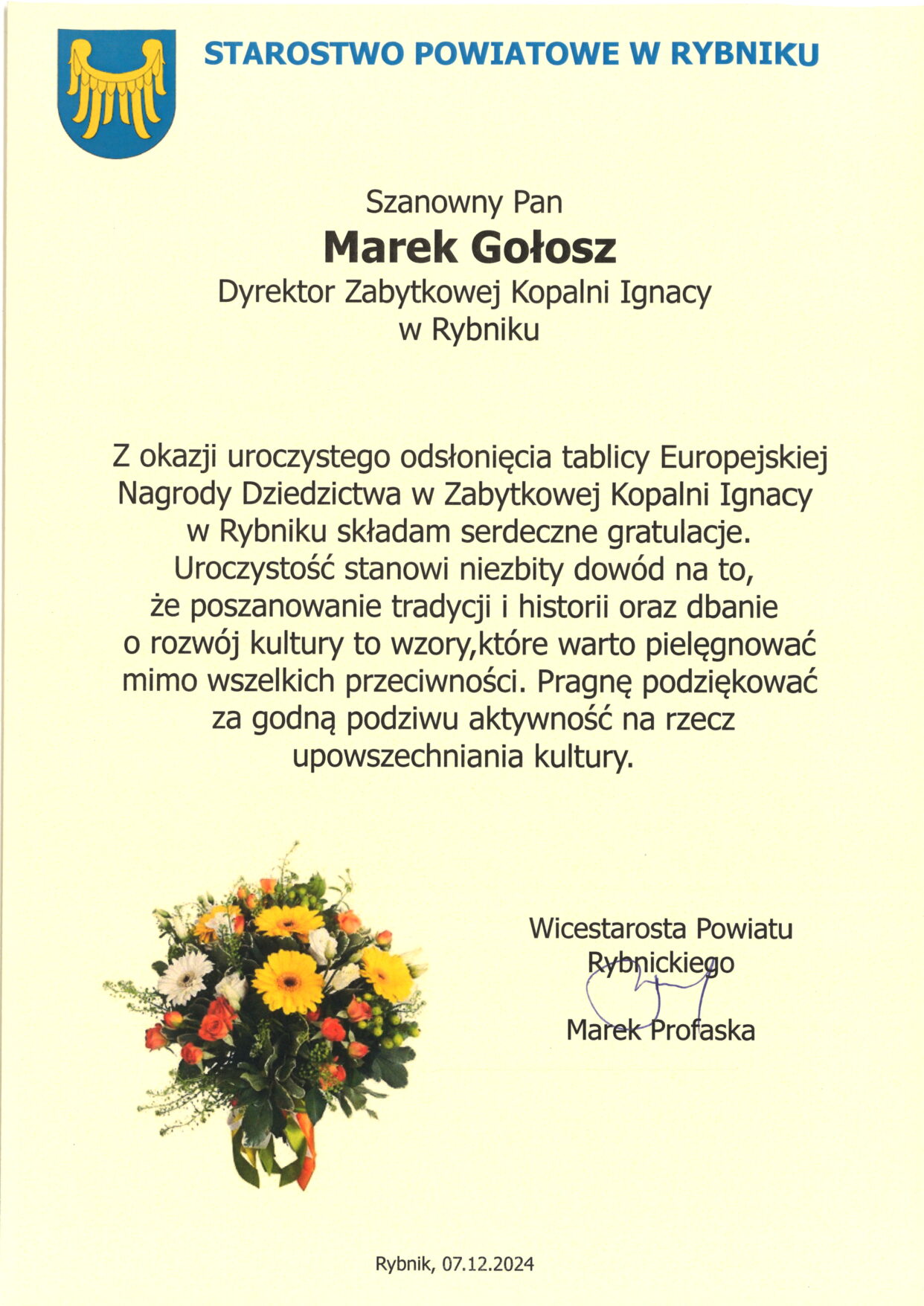 List Gratulacyjny - Starostwo Powiatowe w Rybniku