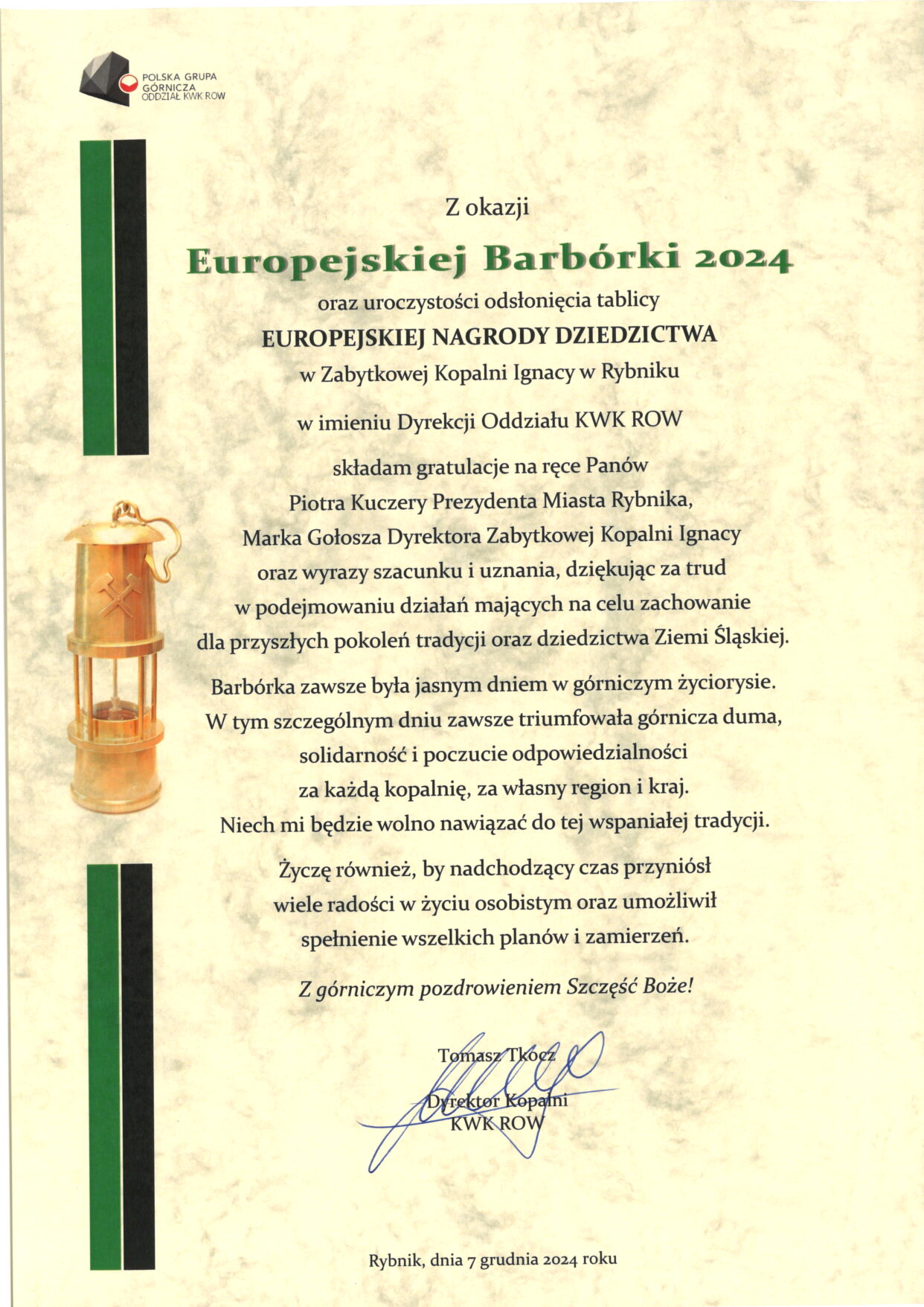 List Gratulacyjny - Polska Grupa Górnicza KWK ROW