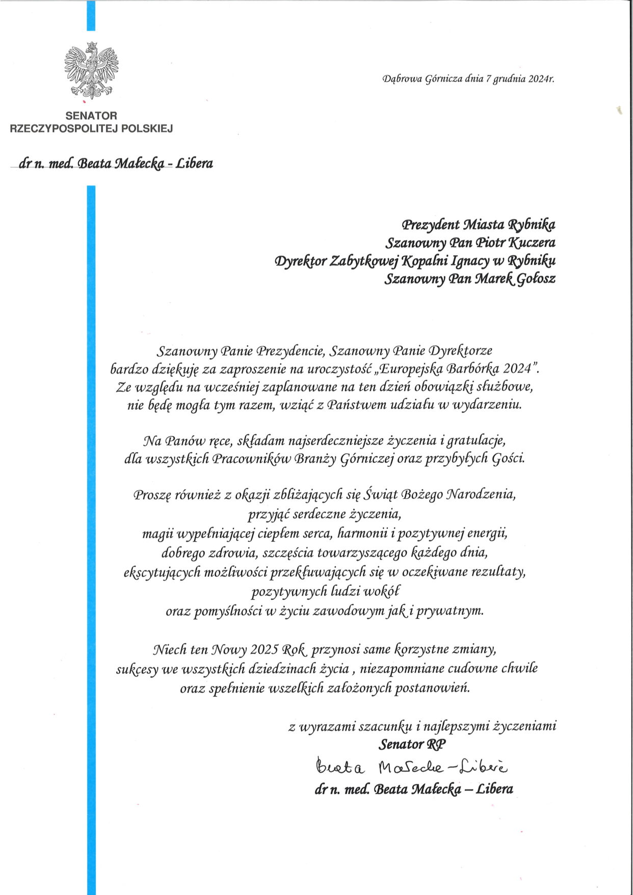List Gratulacyjny - Senator Rzeczpospolitej Polskiej dr n. med. Beata Małecka - Libera