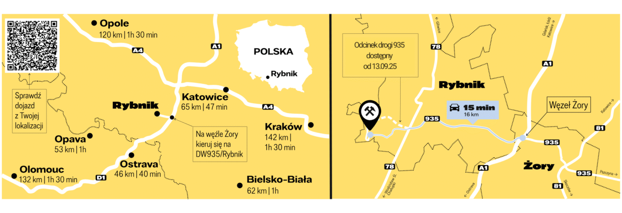 Mapa dojazdu samochodem do Zabytkowej Kopalni Ignacy w Rybniku przez DW 935, autostradę A1 i DK 81 - do tego tekstu alternatywnego dodaj opis, podip i tytuł dla zdjęcia