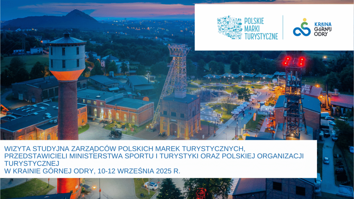 Widok nocny na Zabytkową Kopalnię Ignacy w Rybniku podczas wizyty Polskich Marek Turystycznych w Krainie Górnej Odry.