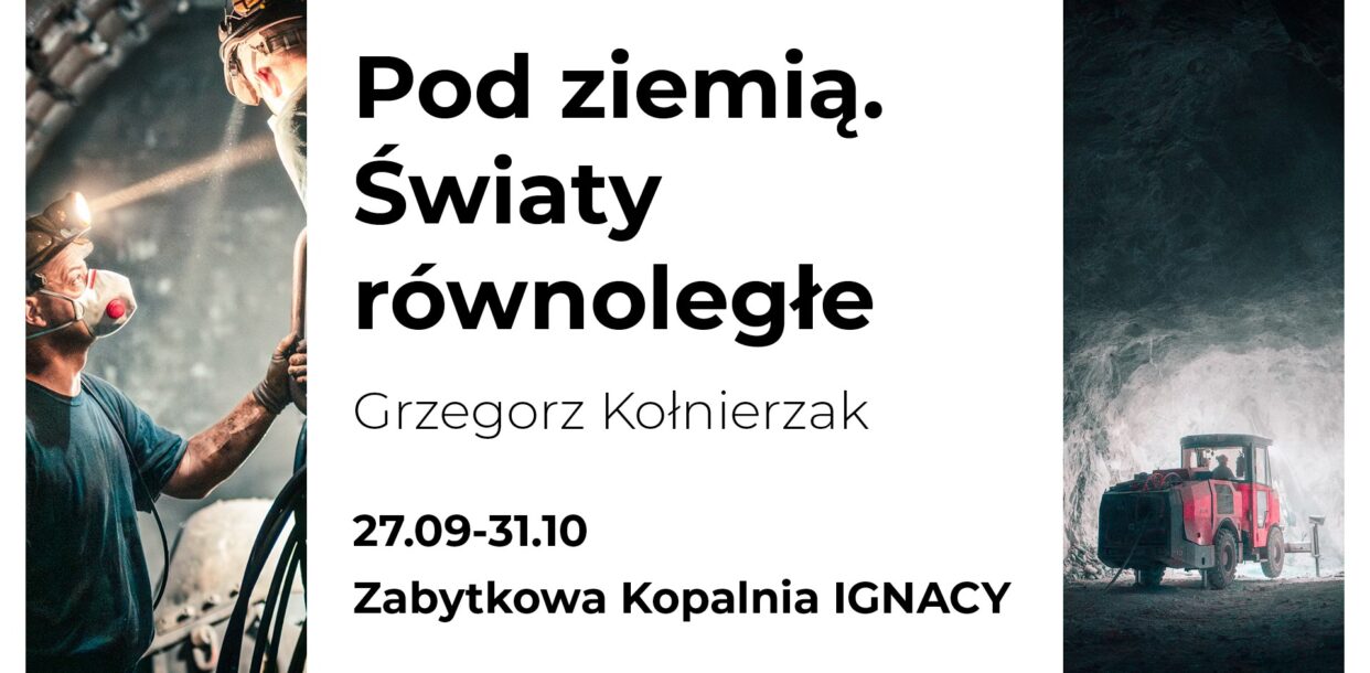 Zdjęcie z wystawy „Pod ziemią światy równoległe” w Kopalni Ignacy – kontrast ciemnych korytarzy kopalni węgla i jasnych, krystalicznych komór kopalni soli.